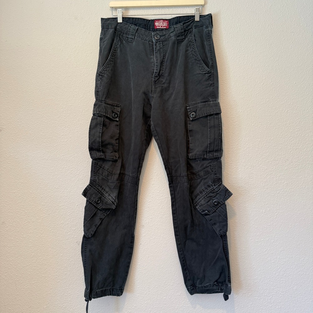 Matchstick Mens Washed Black Cotton Cargo Pants Straight Leg Utility Size 32